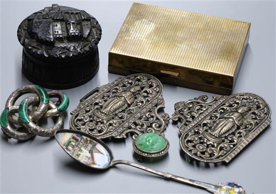 A white metal and malachite scrolling brooch, a buckle, Irish hardwood box, spoon and marcasite and green stone brooch.